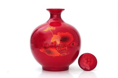 【景德鎮(zhèn)陶瓷紅水晶釉紅荷葉圓球十斤裝泡酒瓶 10斤裝密封白酒壇子】價格,廠家,圖片,陶瓷包裝容器,景德鎮(zhèn)金泰陶瓷-